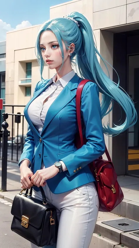 vivi from anime one piece, long hair, light blue hair, ponytail hair, perfect body, perfect breasts, beautiful woman, very beautiful, wearing blue formal shirt, neat clothes, formal attire, wearing blue blazer, white pants, wearing handbag , wearing watch,...