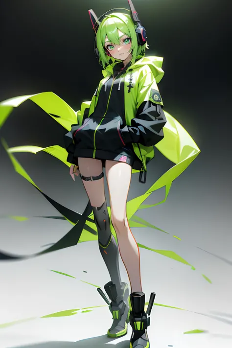 Anime character with green eyes, Headphones and black clothes with green accents. Fluorescent miniskirt，Black and green matching，Being in the room, Best anime 4k wallpapers, Anime style 4K, cyberpunk anime boy in hoodie, Anime art wallpaper 8 K, Anime art ...