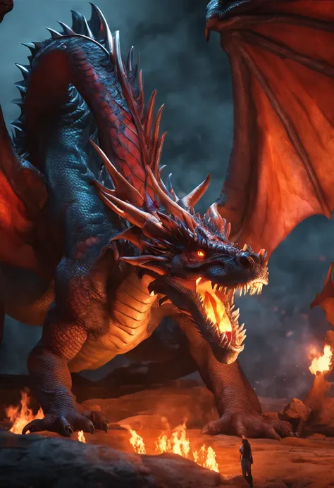 the woman is laying on top of a dragon and the dragon is breathing fire onto her, breasts, tail, wings, sharp teeth, horns