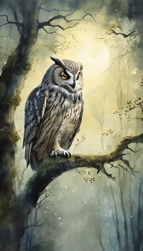 A majestic owl perches gracefully on a moss-covered tree branch in a moonlit forest, surrounded by ethereal beams of silver moonlight filtering through the canopy, conveying a sense of tranquility and mystery. Moody and atmospheric with a touch of fantasy,...