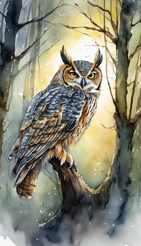 A majestic owl perches gracefully on a moss-covered tree branch in a moonlit forest, surrounded by ethereal beams of silver moonlight filtering through the canopy, conveying a sense of tranquility and mystery. Moody and atmospheric with a touch of fantasy,...