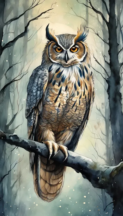 A majestic owl perches gracefully on a moss-covered tree branch in a moonlit forest, surrounded by ethereal beams of silver moonlight filtering through the canopy, conveying a sense of tranquility and mystery. Moody and atmospheric with a touch of fantasy,...