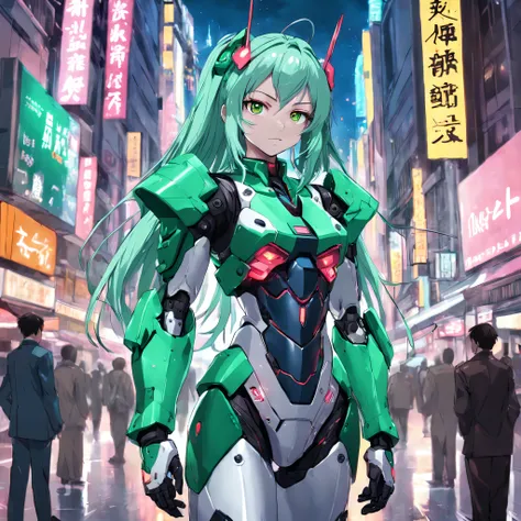 a close up of a person in a suit on a city street, cyberpunk art, inspired by Ryūsei Kishida, neo-dada, metallic green armor, anime manga robot!! anime girl, neon colored suit, upper body 2d game avatar, mobile suit, avatar image