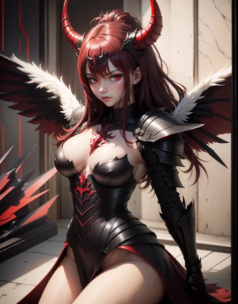 Demon angel with beautiful red, schwarz, Heavy armor with neolights and large wings and horns on the head