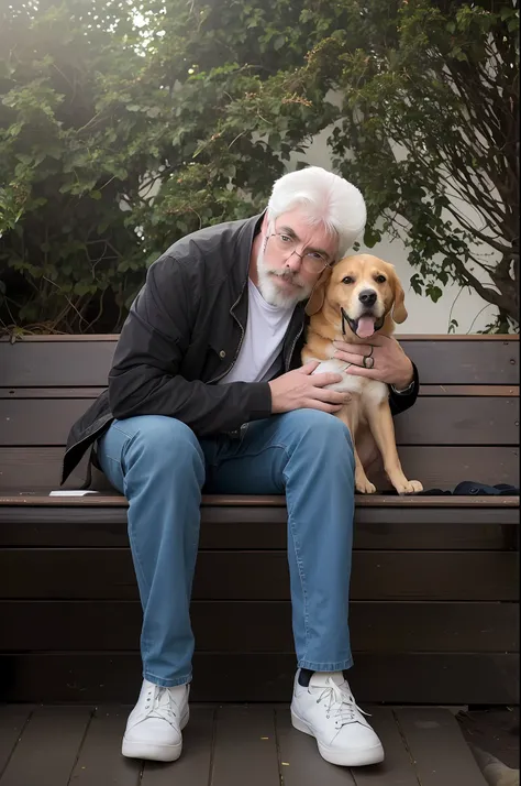 Theres a man sitting on a bench with a dog, michael mcdonald, Directed by: Paul Davis, Directed by: Jakob Gauermann, Directed by: David Garner, homem mais velho, Jake Parker, Directed by: Daniel Gelon, Directed by: Matt Cavotta, Rony Perlman, Directed by: ...