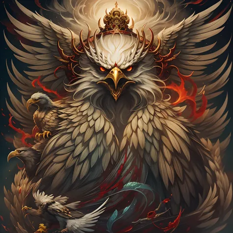 chinese mythology and stories，journey，the demon king of the golden-winged eagle，head of an eagle，closeup cleavage，open your mout...