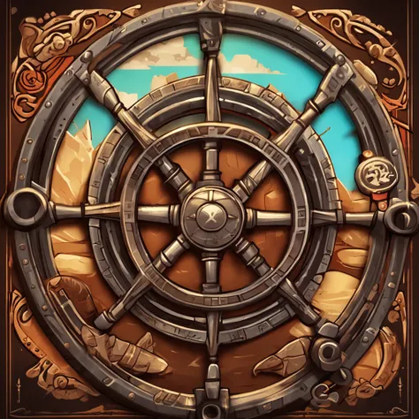 A closeup of a menu with a ship wheel and various icons, Interface do jogo, interface do jogo, pirate setting, Jogo HUD, game ui asset design, Placa UI, arte do item, game icon asset, game icon stylized, Estilo de cor de Hearthstone, health bar hud, foto m...