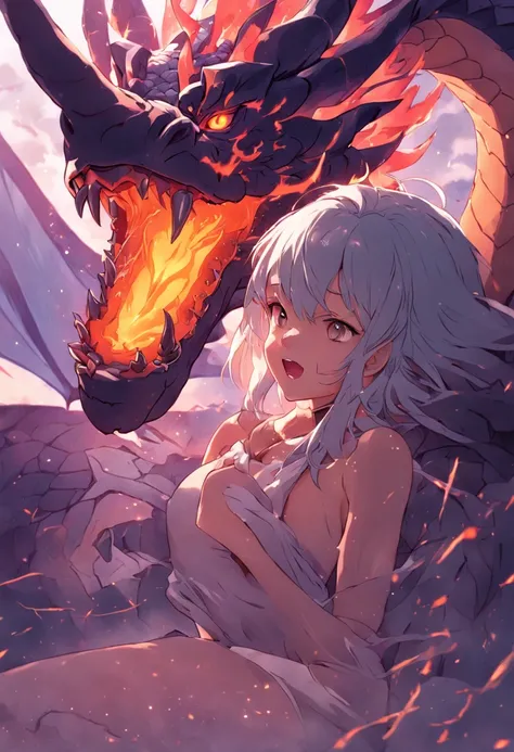 the woman is laying on top of a dragon and the dragon is breathing fire onto her, breasts, tail, wings, sharp teeth, horns, m/f