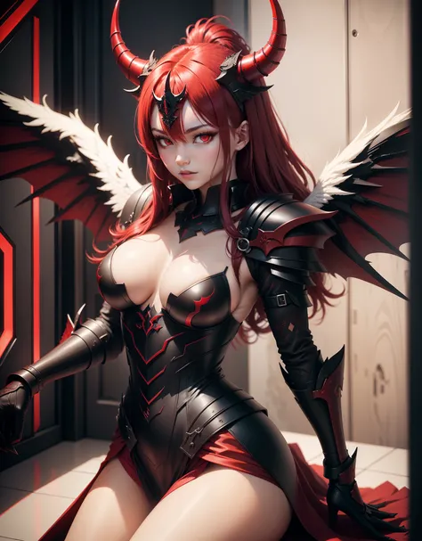 Demon angel with beautiful red, schwarz, Heavy armor with neolights and large wings and horns on the head