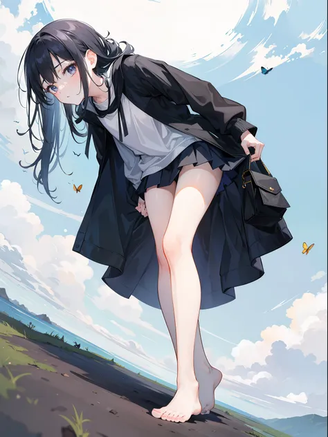 1girl, Giantess, below feet view, below girl view, view on ground, very low angle, up front view，From the angle below，(little insect is just a Tiny black dot), long navy hair，No short skirt，trousersless，feet on ground, very far away, very small