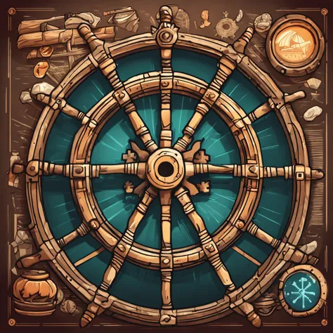 A closeup of a menu with a ship wheel and various icons, Interface do jogo, interface do jogo, pirate setting, Jogo HUD, game ui asset design, Placa UI, arte do item, game icon asset, game icon stylized, health bar hud, foto menu do restaurante, Captura de...