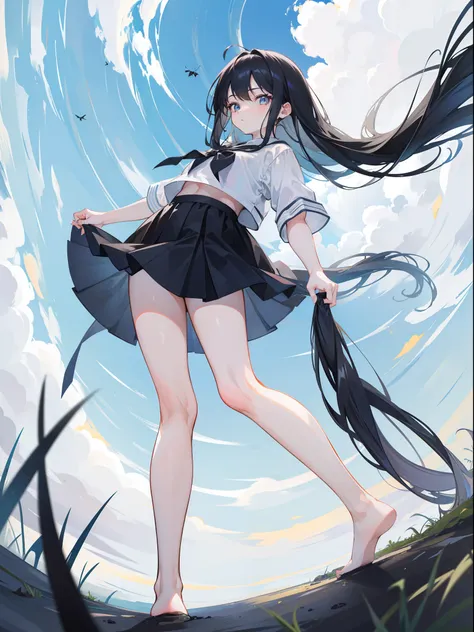 1girl, Giantess, below feet view, below girl view, view on ground, very low angle, up front view，From the angle below，(little insect is just a Tiny black dot), long navy hair，No short skirt，trousersless，feet on ground, very far away, very small