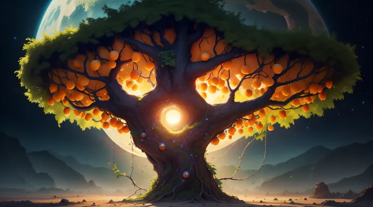 Terre en fusion, fruit tree filled with oranges and vines clinging between the growing cracks around the cracking planet. The planet flies into the starry universe and the tree overlooks the whole