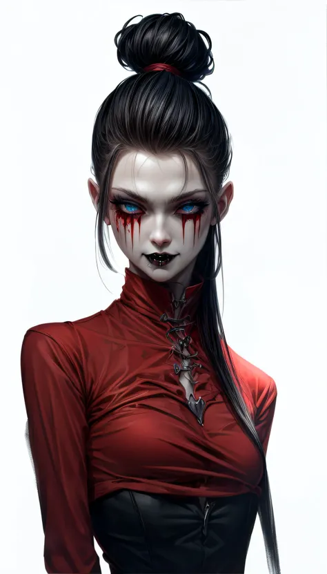 Gothic (((swedish woman))) with bloody lips and fangs, blue eyes looking in the camara, piercing eyes, stylish, beautiful vampire queen, vampire girl, gothic horror vibes, beautiful female vampire queen, Guweiz-style art, dark fantasy mixed with realism, a...