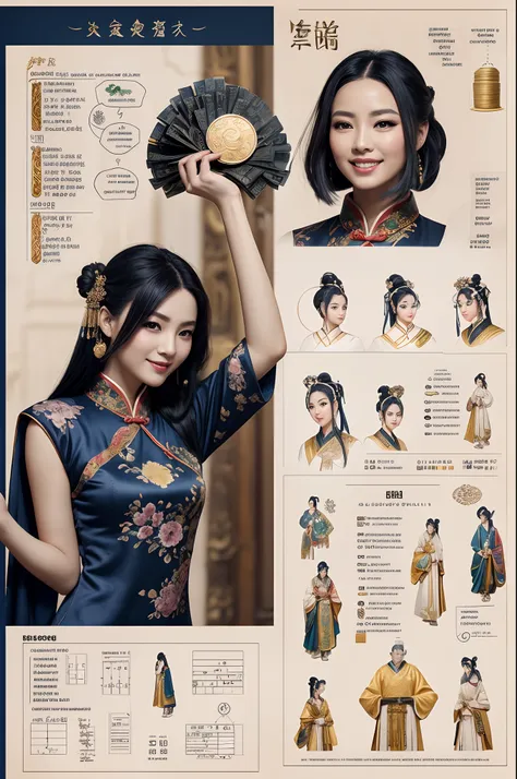 Adult woman, navy blue hair, The ends of gray hair, hairlong, beautiful hairstyle, hair ornament, white eyes, Chinese Clothing, Ornaments, Rings, Heels, Ancient Chinese themes, looking a viewer, Happy smile, overhead view, Lies on the money, gold coins, A ...