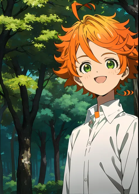 promisedneverland masterpiece, best quality, 1girl, shirt, green eyes, solo, forest, white shirt, number tattoo, nature, short h...