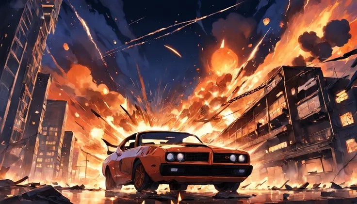 The bullet collides with its target, setting off a chain reaction of explosions that ripples through the line of cars. Fire and debris erupt into the night sky, an explosive symphony orchestrated by Lunas audacity.