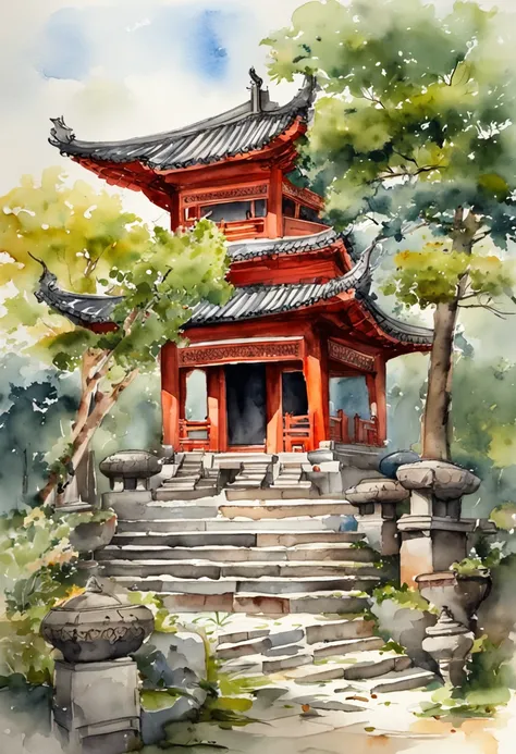 In a quaint Han Dynasty style temple，There are numerous buildings，The courtyard is covered with moss，There are many ancient trees outside the temple，There was a young monk cleaning the fallen leaves on the steps，There was a light rain in the sky，no sun