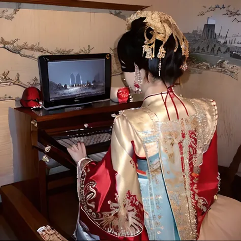 1girll,playgame,from behind,monitor,keyboard,red and gold dress