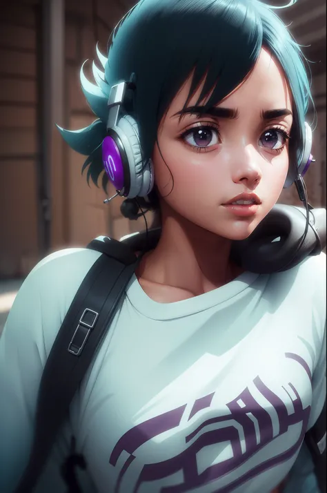 "Close-up portrait of a young woman wearing headphones, immersed in music, with a confident expression. She is depicted from the shoulders up, showcasing her beautiful features and unique sense of style. The leaked photo aesthetic adds an element of intrig...