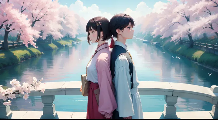 on a bright day, Clouds fluttering，Man and woman looking up at the sky back to back on the bridge，Character backs，Short hair in women，Stand back to back with each other，starry sky bright，Flocks of birds fly，Quiet by the river，Cherry blossom trees on the op...