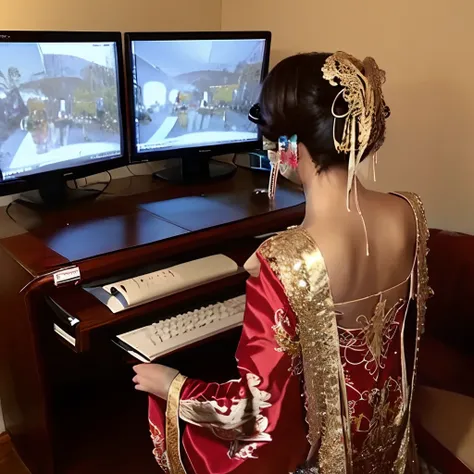 1girll,playgame,from behind,large monitor,computer keyboard,red and gold dress,head gear,