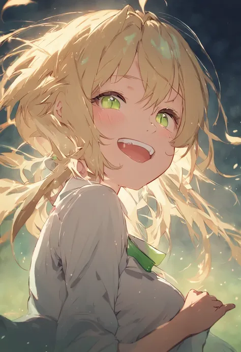 (Incredibly ridiculous absolute resolution:1.5)、{{Best Quality}}, {{masutepiece}}, {{Ultra-detailed}}, {Illustration}, {Detailed light}、[[[[grinning evily]]]], Smile、Girl with blonde hair with green eyes and white shirt, Lori,small curvy loli,loli in dress...