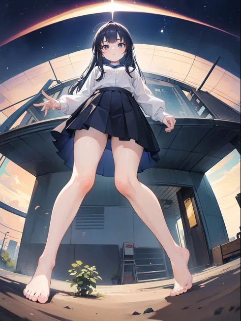 1girl, Giantess, fisheye perspective, below feet view, below girl view, view on ground, very low angle, up front view，From the angle below, long navy hair，No short skirt，trousersless，feet on ground, very far away, very small,  crushing miniature, miniature...