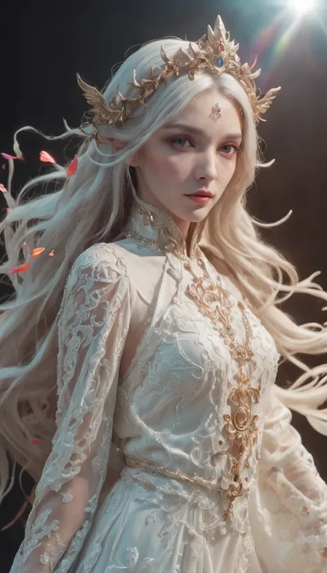 Youthful, The age is 18 years, Small breast, Wear a white dress., A flowing coat, Jewelry set details, Flowing hair, I am radiant., Hair ornaments, face illuminated, Complex magic arrays, illuminated runes, shimmering aura, intense focus, Mysterious demago...