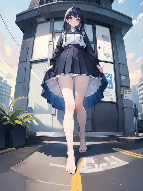 1girl, Giantess, fisheye perspective, below feet view, below girl view, view on ground, very low angle, up front view，From the angle below, long navy hair，No short skirt，trousersless，feet on ground, very far away, very small,  crushing miniature, miniature...