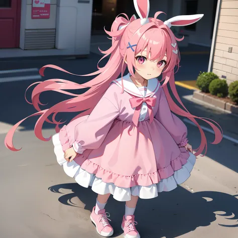 Girl vs、tchibi、((Best quality, High_Resolution, distinct_image)), (Long pink rabbit ears), (ahoge), Big dull(Pink long double tail), (Pink eyes),x hair ornamen, star hair ornament, bunny hair ornament, blue hair ribbon, 8K，Pink sailor suit，White socks，Pink...