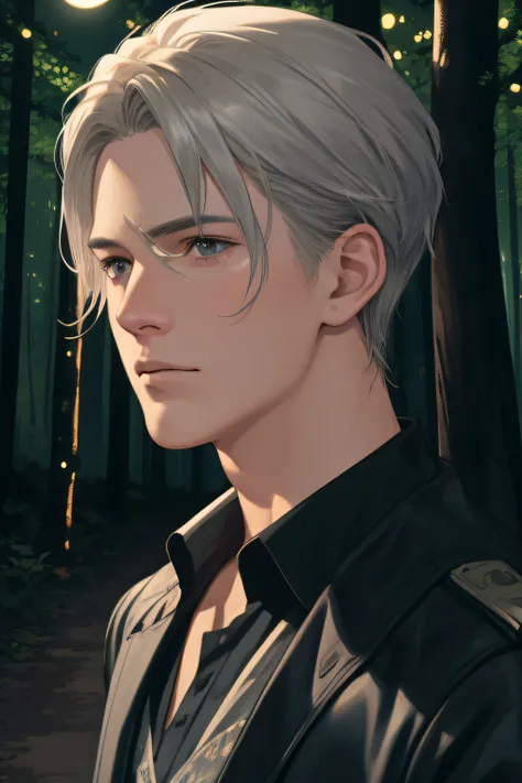 nsfw, masterpiece, best quality, super detailed, semi-realistic, detailed facial features, 1 boy, gray hair, midnight, night, in the forest, dark night road