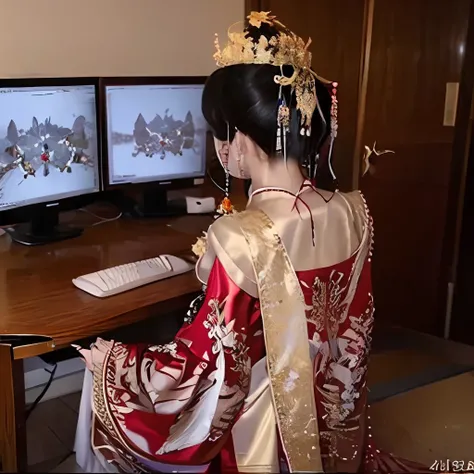 1girll,playgame,From behind,Large monitor,computer keyboard,Red and gold dress,tiara