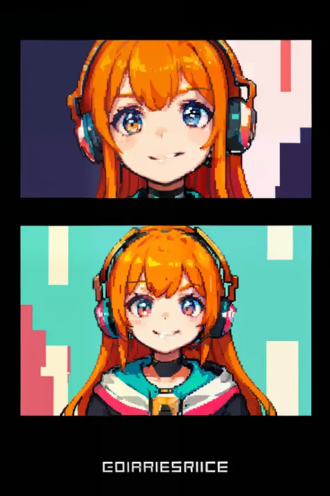 (Fragmented style: 1.3),Orange hair, neck headphones, notesLovely smile, big photo,(Masterpiece:1.2), (The highest quality:1.3)