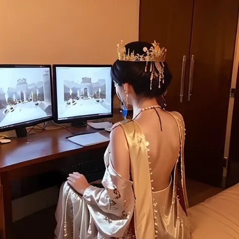 1girll,playgame,From behind,Large monitor,computer keyboard,Red and gold dress,tiara