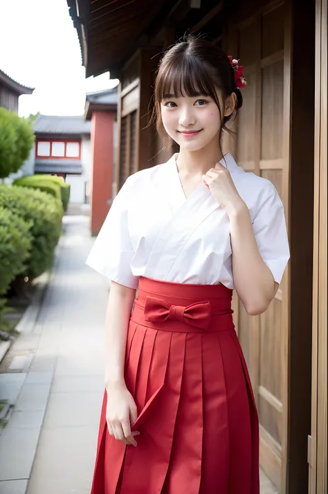 girl in old-japan town,floral white hakama-top,dark red school skirt,vermilion string-hair-bow,18-year-old,bangs,a little smiles,thighs,crotch,knees,short cut hair,pigtail,from below