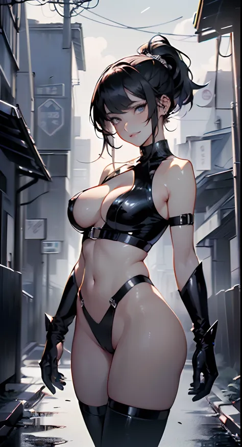 girl bounty hunter,(((1girl))),((anime girl with extremely cute and beautiful black hair walking seductively down the street)),

(large breasts:1.4),saggy breasts,(((black hair:1.35,straight hair,long hair:1.4,colored inner hair,ear breathing,ponytail hair...