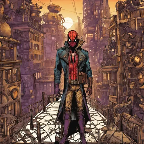 Picture an extraordinary moment as Spider-Man with the mask, donning an extraordinary steampunk-inspired ensemble, stands on the edge of a towering building silhouetted against a breathtaking sunset. The sky is adorned with hues of gold and purple, creatin...