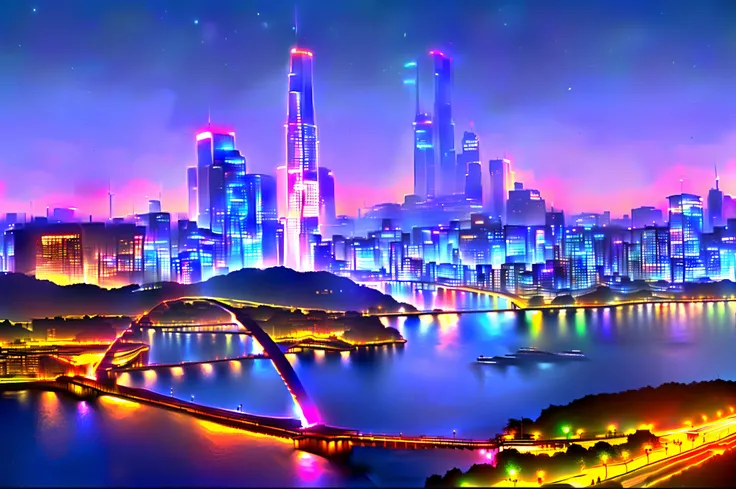 There are three bridges and a night view of the city of the Han River，skyline showing，Beautiful city of the future，Romantic evening，Inspired by Chasbio，Neon city in the background，You can experience the atmosphere and surprise of urban design。（Optimized Pr...