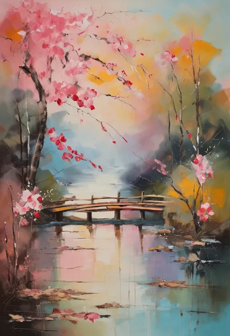 Tanabata Valentines Day romantic poster，A couple kisses on a wooden bridge，Peach blossoms bloom on both sides of the river，Countless pink petals fell from the sky，Several magpies flew around in the sky