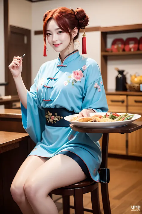 (top-quality、8K、32K、​masterpiece、UHD、ighly detailed:1.2)、Retrospective gaze、Full body, Chinese Restaurant、Carry dishes、beauitful face、blurry backround、20-year-old beauty、shinny skin、Red color hair、short-hair、Double bun、Blue eyes、Chinese clothing、Floral hai...