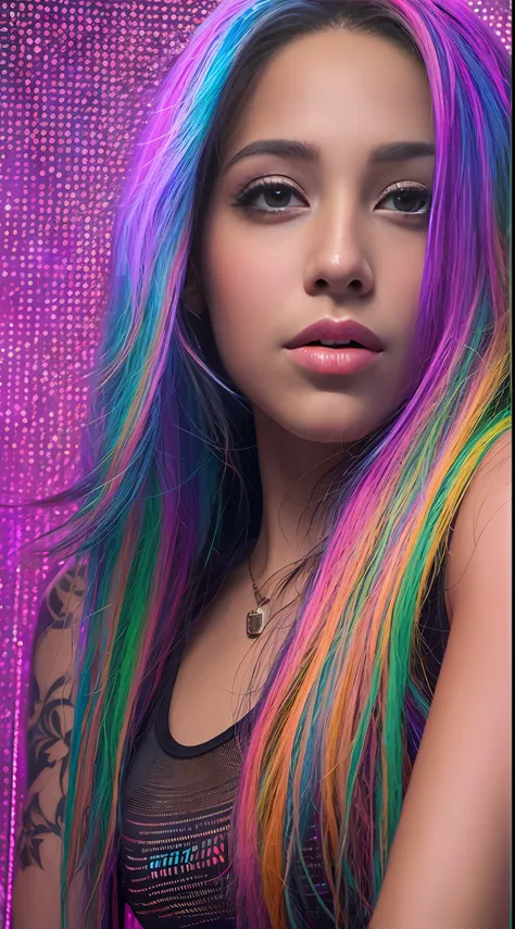 Arafed woman with long rainbow hair and a neon cyberpunk tank top, retrato, Ela tem um rosto bonito, Imagens da Webcam, clivagem, peituda, sexy look at the camera, Fotografado na webcam, 4 8 0 p, 480p, Seu peito, shes facing the camera, gorgeous female, fu...