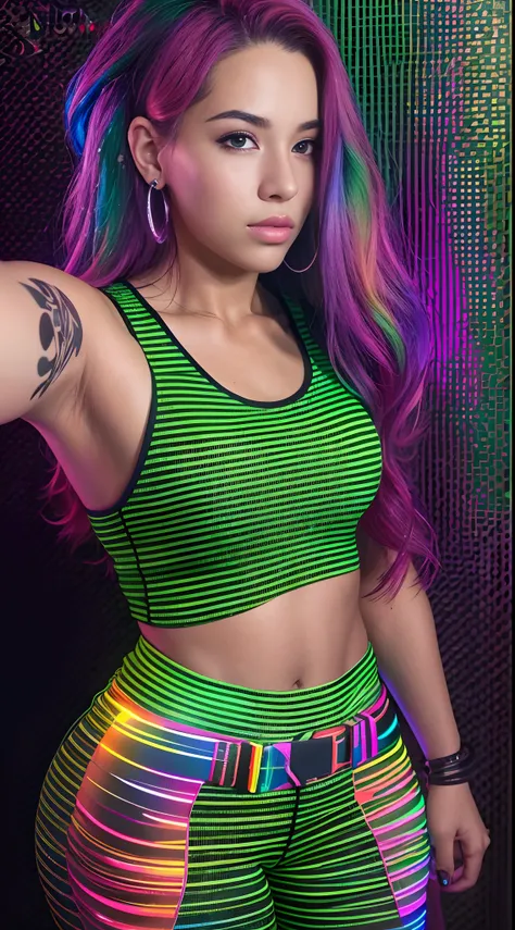 Arafed woman with long rainbow hair and a neon cyberpunk tank top, retrato, Ela tem um rosto bonito, Imagens da Webcam, clivagem, peituda, sexy look at the camera, Fotografado na webcam, 4 8 0 p, 480p, Seu peito, shes facing the camera, gorgeous female, fu...