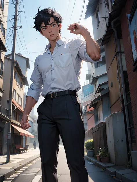 (Kudo Shinichi, shinichi kudo), the main protagonist of the series Detective Conan, Realistic, Photorealistic, (masterpiece:1,5), urban background, concept art, intricate detail, high detail, photo realistic, octane render, dynamic poses, (face realistic  ...