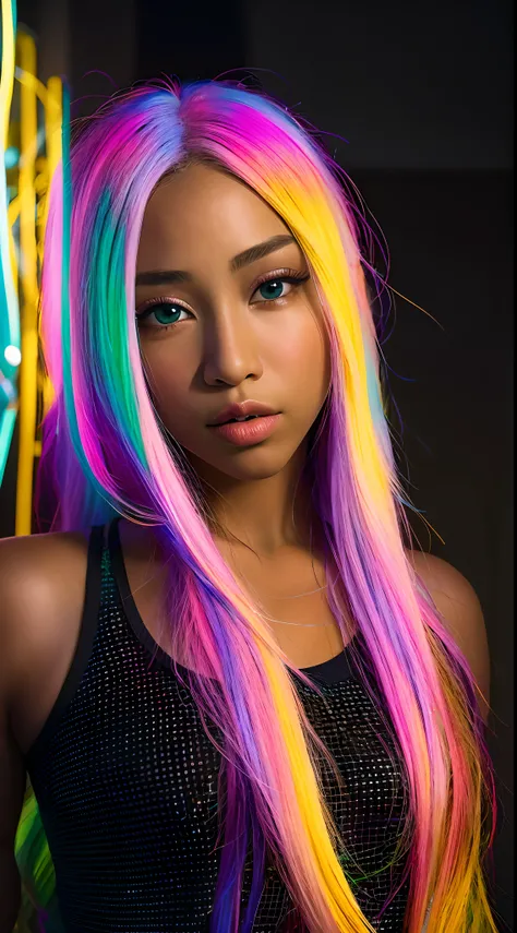 mulher arafed ((Asian African American))de perfil,with long rainbow hair and a neon cyberpunk tank top, retrato, Ela tem um rosto bonito, Imagens da Webcam, clivagem, peituda, sexy look at the camera, Fotografado na webcam, 4 8 0 p, 480p, Seu peito, shes f...