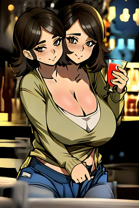 2heads, a fat woman with two heads. She has enormous breasts. She is dancing in a bar. She is sipping a drink. She is laughing. She looks drunk. She is flirty. She is wearing a low-cut sweater and jeans. She is tugging her shirt to show her breasts. She ha...