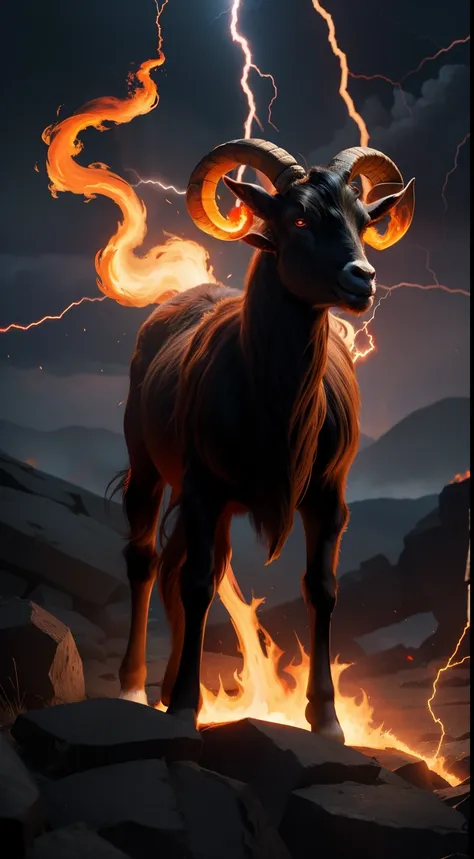 infernal-lord, goat-head, flame-lava, fire-background, full-body, lightning-strike-on-the-left-background, cool