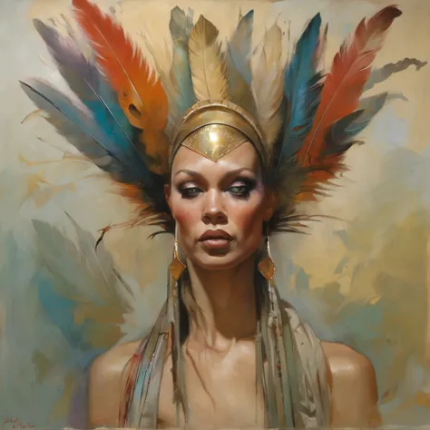 Painting of a woman with a feather headdress and feathers on her head, Karol Bak et Peter Mohrbacher, Par Tom Bagshaw et Boris Vallejo, Artgerm Julie Bell Beeple, Boris Vallejo et Tom Bagshaw, Heather Theurer, Adrian Borda, Tom Bagshaw et Sabbas Apterus, i...