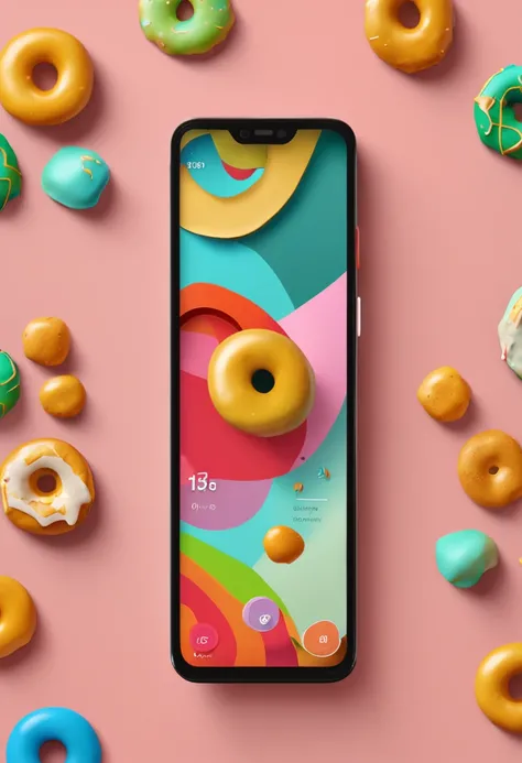 Android app landing page UI showing a 3d looking doughnut, app name and start button