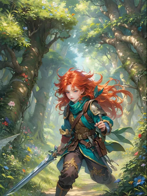 (absurdres, highres, ultra detailed, HDR), masterpiece, best quality, legend of mana character, handsome young hero wearing detailed blue scarf and red hair ornament, detailed face, handsome face, shiloh playing the green bow and purple arrows outside with...